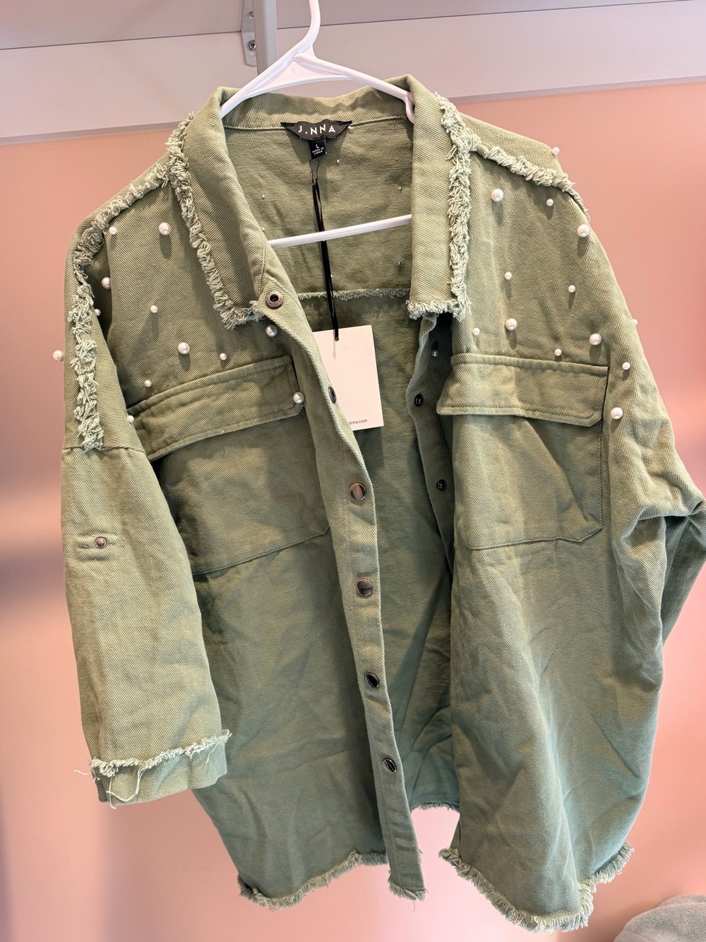 J.NNA Olive Green Pearl-Embellished Distressed Jean Jacket